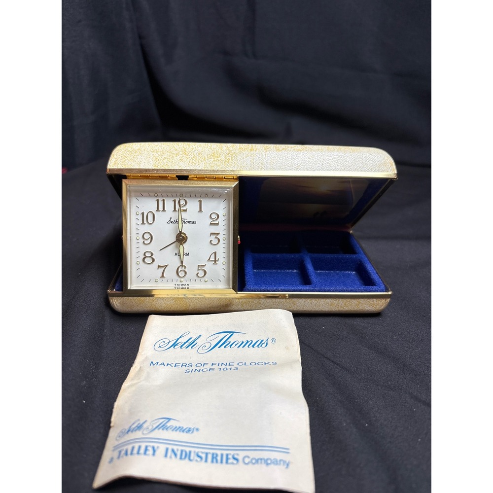 Seth Thomas Vintage Travel Alarm Clock Jewelry Valet Case Cream Gold Blue MCM‎